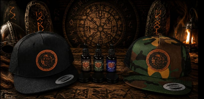 Viking Recon wholesale display on carved runestones beside a horned Viking helmet — the full product line of beard oils, balms, and branded hats.